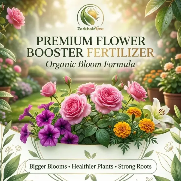 "ZarkhaizBee Flower Booster fertilizer packets (100g, 250g, 500g, 1kg, 5kg) displayed next to a vibrant red rose plant showing dense blooms after treatment"