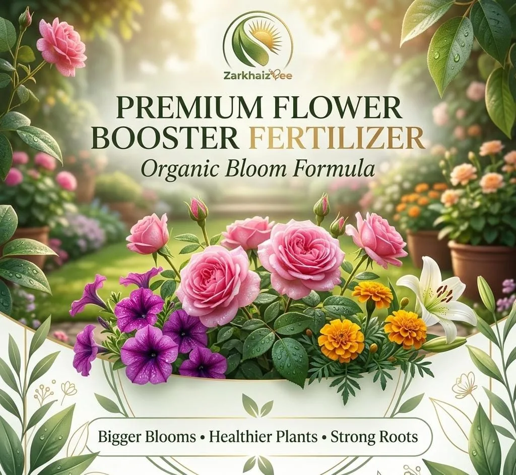 "ZarkhaizBee Flower Booster fertilizer packets (100g, 250g, 500g, 1kg, 5kg) displayed next to a vibrant red rose plant showing dense blooms after treatment"