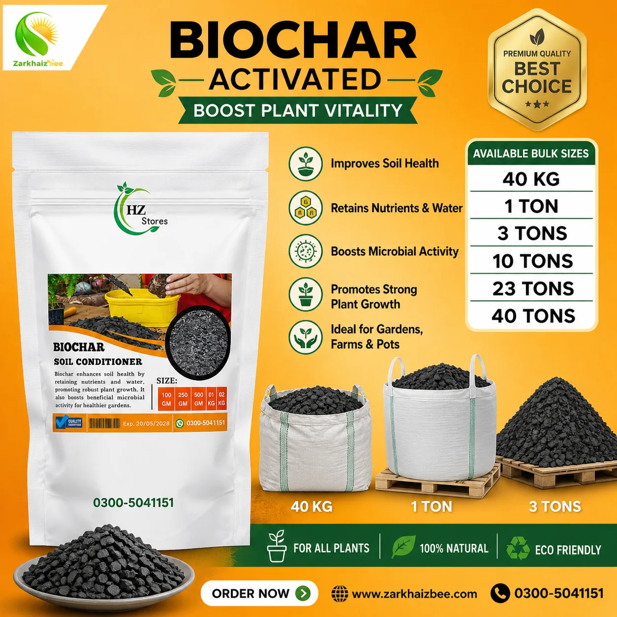 Bulk Biochar Supplier in Pakistan – Organic Soil Amendment | ZarkhaizBee Bulk biochar bags by ZarkhaizBee for soil improvement, organic farming, and agricultural use in Pakistan