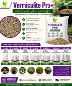 ZarkhaizBee Vermiculite Pro+ bulk supply poster showing premium horticultural vermiculite with bulk bag options from 100L to 10m³ for gardening, nurseries, hydroponics, and agriculture in Pakistan.