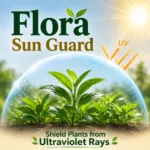 Flora Sun Guard protecting healthy green plants from harsh sunlight and ultraviolet UV rays with a transparent protective shield in a bright garden environment.