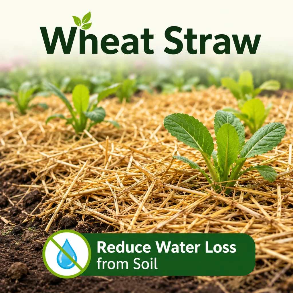 Wheat straw mulch covering garden soil to reduce water loss and protect plants from heat stress