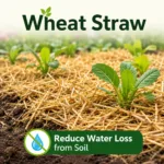 Wheat straw mulch covering garden soil to reduce water loss and protect plants from heat stress